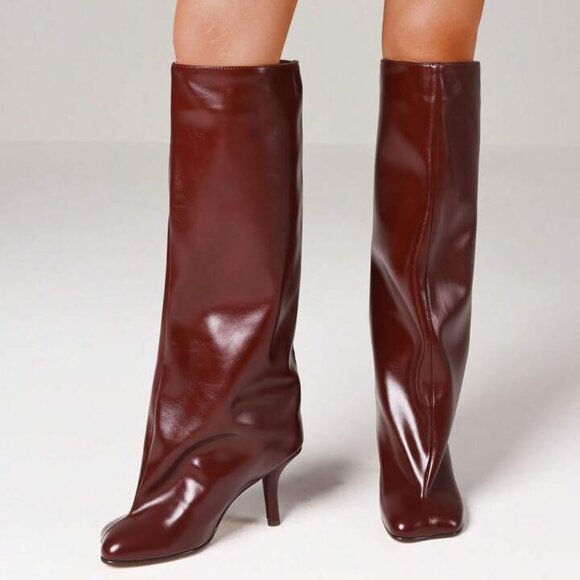 Knee High Boot Square Toe Kitten Heel Stiletto Heeled Boots For Woman Wide Calf - Picture 2 of 4